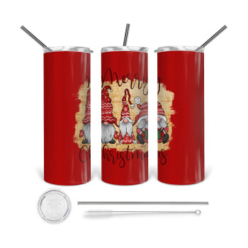 Xmas Elves, Tumbler ποτήρι θερμό από ανοξείδωτο ατσάλι 600ml, με μεταλλικό καλαμάκι & βούρτσα καθαρισμού