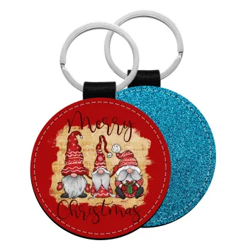 Xmas Elves, Μπρελόκ Δερματίνη, στρογγυλό ΜΠΛΕ (5cm)