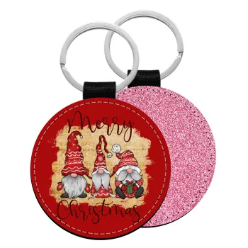 Xmas Elves, Μπρελόκ Δερματίνη, στρογγυλό ΡΟΖ (5cm)