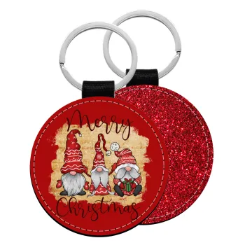 Xmas Elves, Μπρελόκ Δερματίνη, στρογγυλό ΚΟΚΚΙΝΟ (5cm)