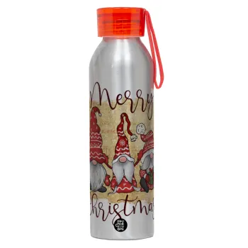 Xmas Elves, Αλουμινένιο Αθλητικό Μπουκάλι 650ml – Ασημί με Κόκκινο Καπάκι και Λουράκι Σιλικόνης