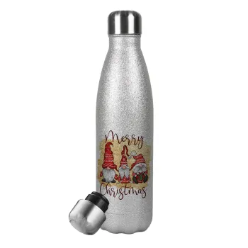 Xmas Elves, Metallic Glitter Silver Thermos Flask (Stainless steel), double-walled, 500ml