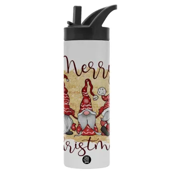 Xmas Elves, Metallic thermos bottle with straw & handle, stainless steel (Stainless steel 304), double-walled, 600ml.