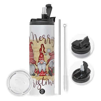Xmas Elves, Travel Tumbler θερμό με διπλό καπάκι, μεταλλικό καλαμάκι και βούρτσα καθαρισμού (Ανωξείδωτο 304 Food grade, BPA free, 600ml)