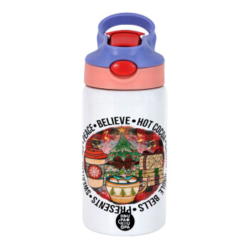 Joy, Peace, Believe, Hot Cocoa, Carols, Children's hot water bottle, stainless steel, with safety straw, pink/purple (350ml)