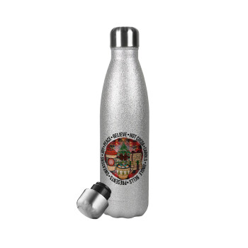 Joy, Peace, Believe, Hot Cocoa, Carols, Metallic Glitter Silver Thermos Flask (Stainless steel), double-walled, 500ml