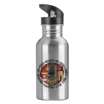 Joy, Peace, Believe, Hot Cocoa, Carols, Water bottle Silver with straw, stainless steel 600ml