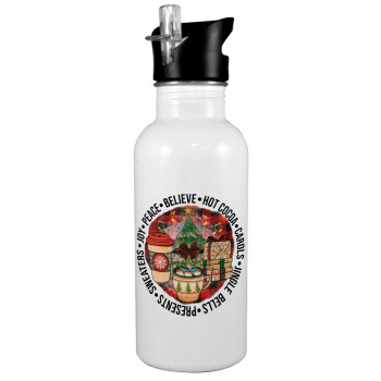 Joy, Peace, Believe, Hot Cocoa, Carols, White water bottle with straw, stainless steel 600ml