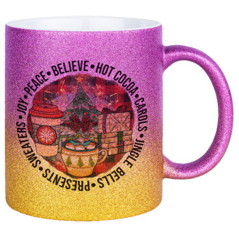 Joy, Peace, Believe, Hot Cocoa, Carols, Κούπα Χρυσή/Ροζ Glitter, κεραμική, 330ml