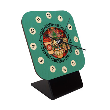 Joy, Peace, Believe, Hot Cocoa, Carols, Επιτραπέζιο ρολόι σε φυσικό ξύλο (10cm)