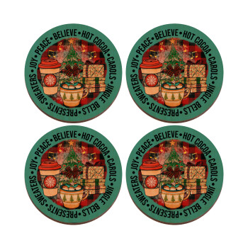 Joy, Peace, Believe, Hot Cocoa, Carols, ΣΕΤ x4 Σουβέρ ξύλινα στρογγυλά plywood (9cm)