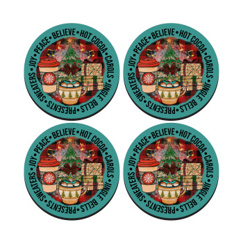 Joy, Peace, Believe, Hot Cocoa, Carols, SET of 4 round wooden coasters (9cm)