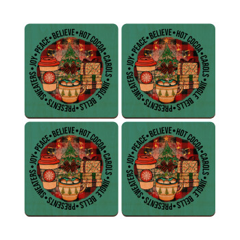 Joy, Peace, Believe, Hot Cocoa, Carols, ΣΕΤ x4 Σουβέρ ξύλινα τετράγωνα plywood (9cm)