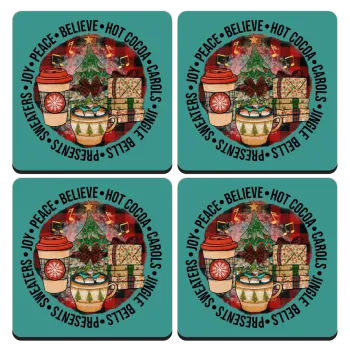 Joy, Peace, Believe, Hot Cocoa, Carols, ΣΕΤ 4 Σουβέρ ξύλινα τετράγωνα (9cm)