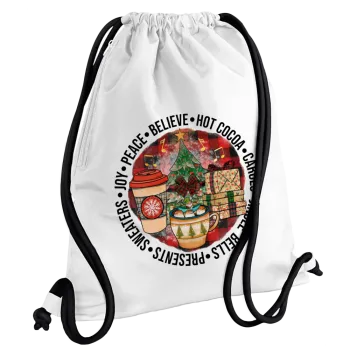 Joy, Peace, Believe, Hot Cocoa, Carols, Backpack pouch GYMBAG white, with pocket (40x48cm) & thick cords