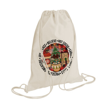 Joy, Peace, Believe, Hot Cocoa, Carols, Backpack bag GYMBAG natural (28x40cm)