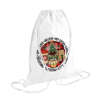 Joy, Peace, Believe, Hot Cocoa, Carols, Τσάντα πλάτης πουγκί GYMBAG λευκή (28x40cm)