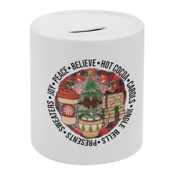 Joy, Peace, Believe, Hot Cocoa, Carols, Κουμπαράς πορσελάνης με τάπα