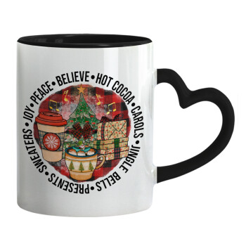 Joy, Peace, Believe, Hot Cocoa, Carols, Mug heart black handle, ceramic, 330ml