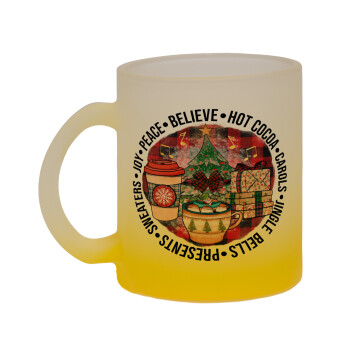 Joy, Peace, Believe, Hot Cocoa, Carols, Κούπα γυάλινη δίχρωμη με βάση το κίτρινο ματ, 330ml