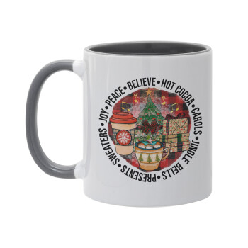 Joy, Peace, Believe, Hot Cocoa, Carols, Κούπα χρωματιστή γκρι, κεραμική, 330ml