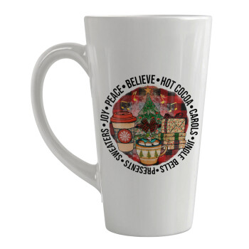 Joy, Peace, Believe, Hot Cocoa, Carols, Κούπα κωνική Latte Μεγάλη, κεραμική, 450ml