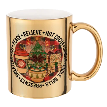 Joy, Peace, Believe, Hot Cocoa, Carols, Mug ceramic, gold mirror, 330ml