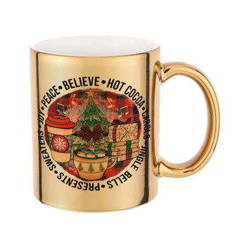 Joy, Peace, Believe, Hot Cocoa, Carols, Mug ceramic, gold mirror, 330ml
