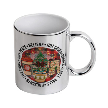 Joy, Peace, Believe, Hot Cocoa, Carols, Mug ceramic, silver mirror, 330ml