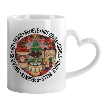 Joy, Peace, Believe, Hot Cocoa, Carols, Mug heart handle, ceramic, 330ml