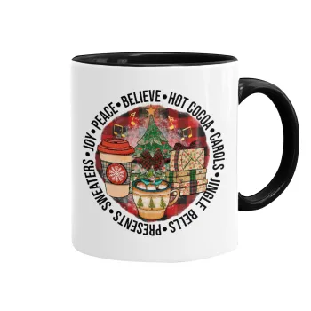 Joy, Peace, Believe, Hot Cocoa, Carols, Mug colored black, ceramic, 330ml