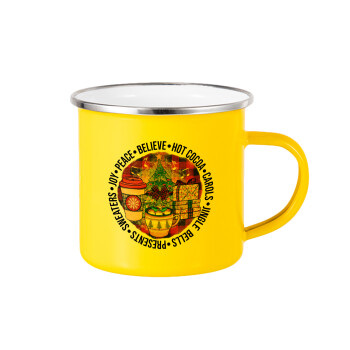 Joy, Peace, Believe, Hot Cocoa, Carols, Yellow Enamel Metallic Cup 360ml