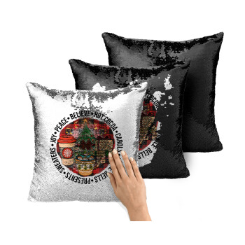 Joy, Peace, Believe, Hot Cocoa, Carols, Μαξιλάρι καναπέ Μαγικό Μαύρο με πούλιες 40x40cm περιέχεται το γέμισμα