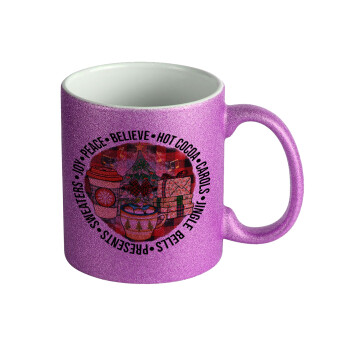 Joy, Peace, Believe, Hot Cocoa, Carols, Κούπα Μωβ Glitter που γυαλίζει, κεραμική, 330ml