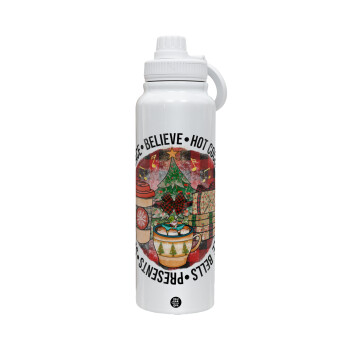 Joy, Peace, Believe, Hot Cocoa, Carols, 1L Stainless Steel Thermal Bottle with Phone Holder & Double Wall Insulation
