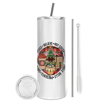Joy, Peace, Believe, Hot Cocoa, Carols, Eco friendly stainless steel tumbler 600ml, with metal straw & cleaning brush