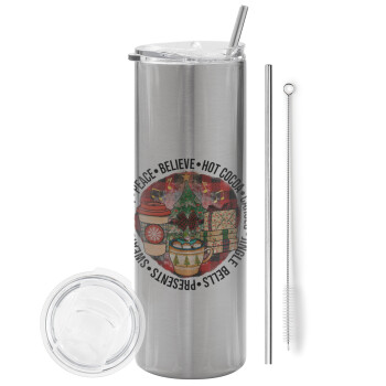 Joy, Peace, Believe, Hot Cocoa, Carols, Tumbler stainless steel Silver 600ml, with metal straw & cleaning brush
