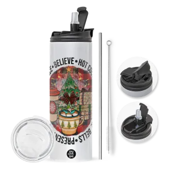 Joy, Peace, Believe, Hot Cocoa, Carols, Travel Tumbler 2 Lids, with metal straw & cleaning brush (Stainless steel 304 Food grade, BPA free, 600ml)