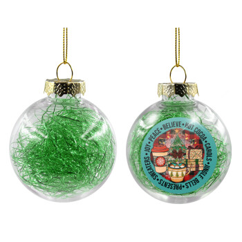 Joy, Peace, Believe, Hot Cocoa, Carols, Χριστουγεννιάτικη μπάλα δένδρου διάφανη με πράσινο γέμισμα 8cm