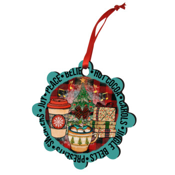 Joy, Peace, Believe, Hot Cocoa, Carols, Χριστουγεννιάτικο στολίδι snowflake ξύλινο 7.5cm