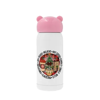 Joy, Peace, Believe, Hot Cocoa, Carols, Pink stainless steel thermal flask, 320ml