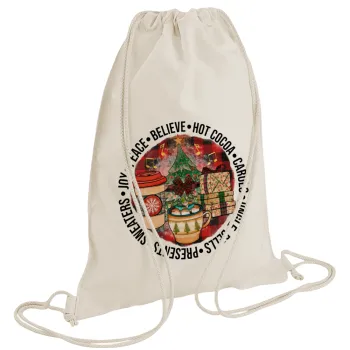Joy, Peace, Believe, Hot Cocoa, Carols, Τσάντα πλάτης πουγκί GYMBAG natural (28x40cm)