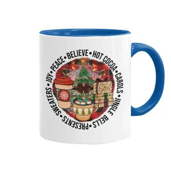 Joy, Peace, Believe, Hot Cocoa, Carols, Κούπα χρωματιστή μπλε, κεραμική, 330ml