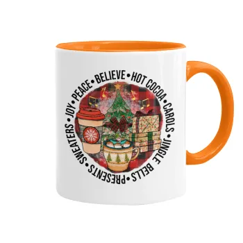 Joy, Peace, Believe, Hot Cocoa, Carols, Κούπα χρωματιστή πορτοκαλί, κεραμική, 330ml