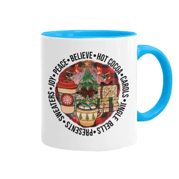 Joy, Peace, Believe, Hot Cocoa, Carols, Mug colored light blue, ceramic, 330ml
