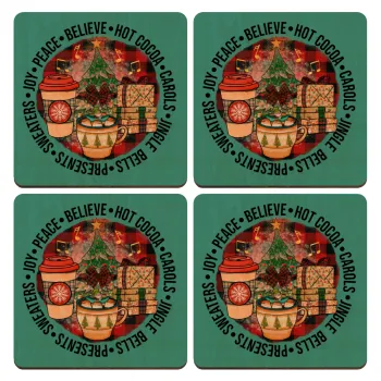 Joy, Peace, Believe, Hot Cocoa, Carols, ΣΕΤ x4 Σουβέρ ξύλινα τετράγωνα plywood (9cm)