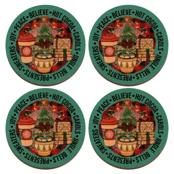 Joy, Peace, Believe, Hot Cocoa, Carols, ΣΕΤ x4 Σουβέρ ξύλινα στρογγυλά plywood (9cm)