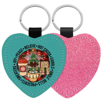 Joy, Peace, Believe, Hot Cocoa, Carols, Μπρελόκ PU δερμάτινο glitter καρδιά ΡΟΖ