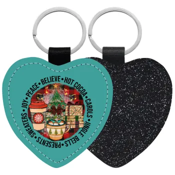 Joy, Peace, Believe, Hot Cocoa, Carols, Μπρελόκ PU δερμάτινο glitter καρδιά ΜΑΥΡΟ