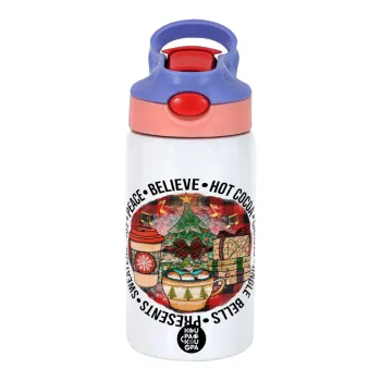 Joy, Peace, Believe, Hot Cocoa, Carols, Children's hot water bottle, stainless steel, with safety straw, pink/purple (350ml)